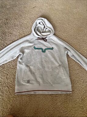 Kimes Ranch Light Gray Hoodie with Teal Logo and Brown Trim